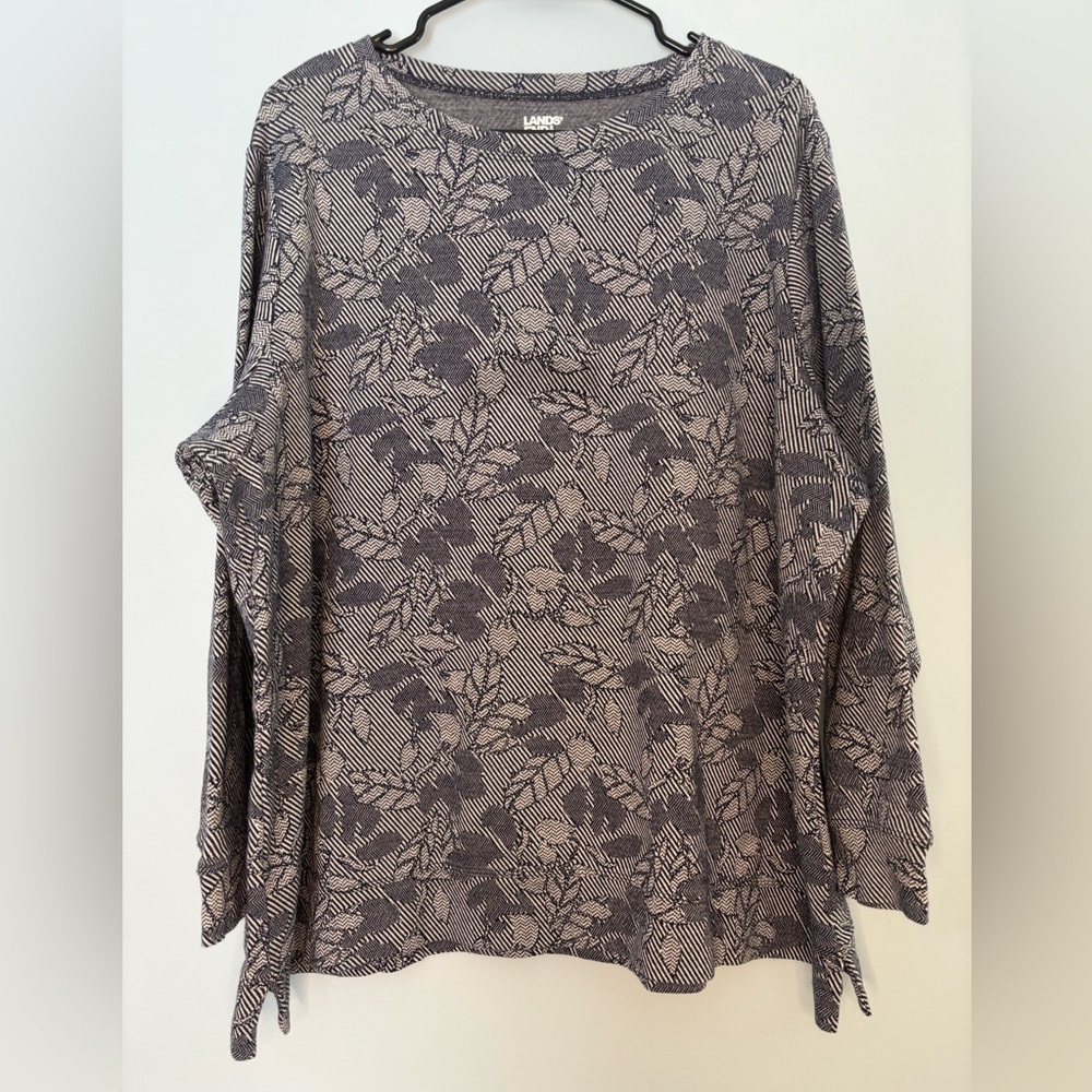 Lands' End Women's Size 2X Blue Floral Leaf Botanical Long Sleeve Tunic Top